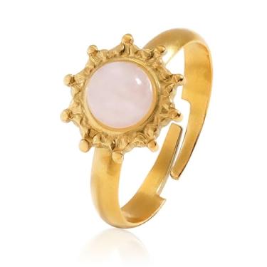 Imagem de TaYolnFaSo Anel de sol redondo de pedra natural para mulheres, ouro 18K, quartzo rosa, turquesa, azul, malaquita, presente de aniversário para mulheres, pedra preciosa, Quartzo rosa