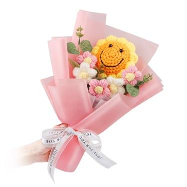 Imagem de Buquê de girassol sorridente de crochê feito à mão, flores tricotadas à mão para o dia das mães, dia dos namorados, casamento, presente de formatura - arranjo floral artificial de tricô para decoração