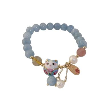 Imagem de DATOA Linda pulseira feminina com contas de cristal azul para gatos da sorte, pulseira com pingente de animal simples, boa sorte, proteção, dinheiro, atração, joias, 6, Metal, Sem Pedra Preciosa