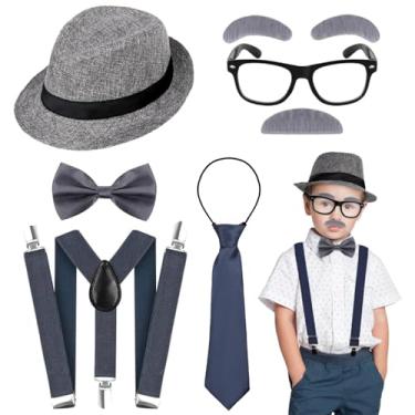 Imagem de Yanbuny Acessórios para fantasia de velho dos anos 20, conjunto de gangster com chapéu, suspensório, gravata borboleta, óculos bigode e sobrancelhas para vestido de vovó (cinza escuro)