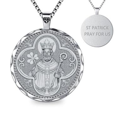 Imagem de OigvcoTe Colar de medalha de São Patrício, banhado a cobre, ouro real platina, pingente de santo padroeiro católico, tema religioso, comprimento da corrente de 60 cm, 44 Millimeters, Metal, Zircônia