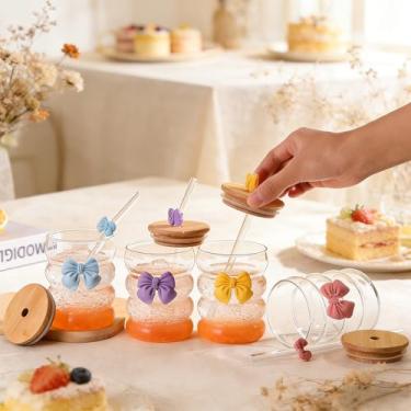 Imagem de 1 copo de borboleta transparente com tampa e canudo, copo de suco de café com laço fofo para meninas, adequado para decoração de casa, água potável em casa, chá da tarde, café, presente