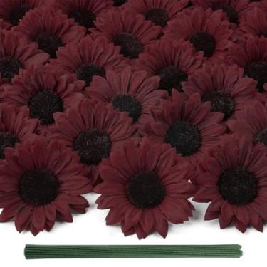 Imagem de Coferset 40 cabeças falsas de girassol com hastes, flores de seda artificial de girassol de outono de 10 cm para festa, chá de bebê, casamento, artesanato, decoração de outono (bordô)