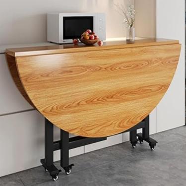 Imagem de Mesa de jantar redonda dobrável com rodas, topo de folha extensível, mesa móvel com trava, multiuso para casa e escritório, amarelo, 180 cm C x 75 cm A (180 x 75 cm)