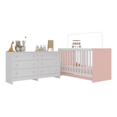 Imagem de Berço 3 Em 1 Para Colchão 130 X 60cm Com Cômoda Doce De Leite Multimóveis Branco Rosa