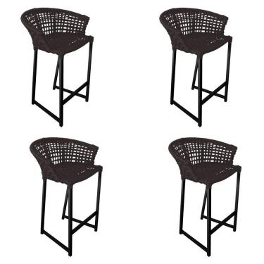 Imagem de Kit 4 Banquetas Reis Em Corda Náutica E Base Em Alumínio Preta Para área Gourmet Externa Marrom