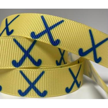 Imagem de Fita de gorgorão - amarela com tacos azuis de hóquei em campo. 1,5 cm de largura - 10 metros, fita 100% poliéster, diversão para todos os artesanatos de hóquei em campo, arcos e projetos de costura!