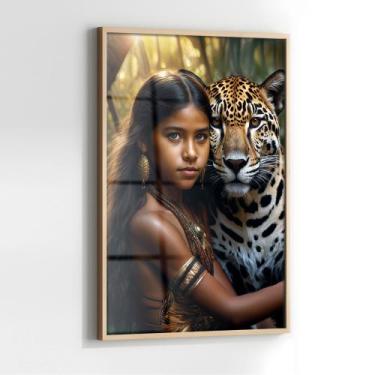 Imagem de Quadro com Moldura e Acrilico Cristal Vidro Indígena Onça para Sala, Q