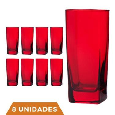 Imagem de Copo Vidro 320ml Quadrado BALI Jogo com 8 Vermelho Luxo - PRATICASA