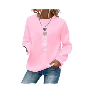 Imagem de Blusão Feminino Casual Com Estampa De Coração, Manga Longa, Gola Redon