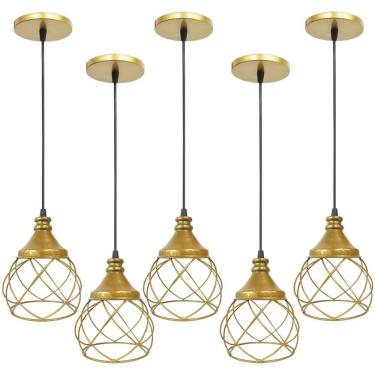 Imagem de 5 Pendente Aramado  Dourado Lustre Luminária Teto Regulável Sala Cozinha Industrial Agp