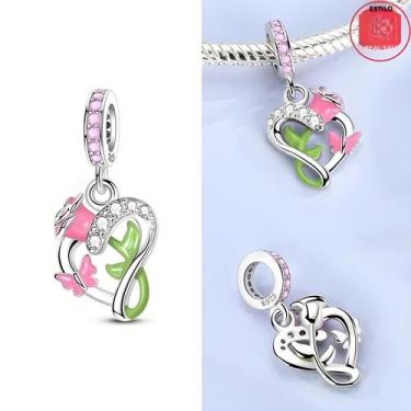 Imagem de Pingente De Coração Com Borboleta Rosa Para Mulheres, Charm Em Prata E