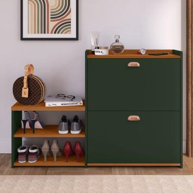 Imagem de Sapateira Vertical Milano 2 Gavetas Basculantes Prateleira Porta Calçados Banquinho Hall Entrada Canto Quarto Retrô - Verde/Cedro - RPM