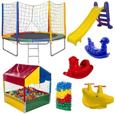 Imagem de Kit Playground Pula Pula 2,44m Piscina com 500 Peças Escorrega Médio Estrutura em Aço Galvanizado
