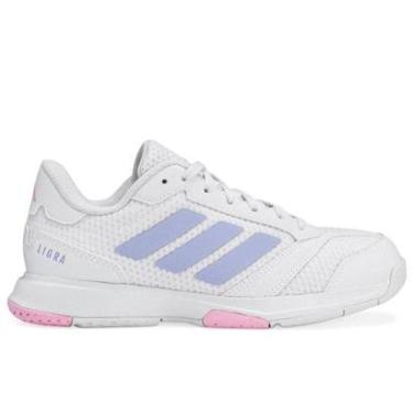 Imagem de Tênis Adidas Ligra 8 Indoor Branco Azul e Rosa-Feminino
