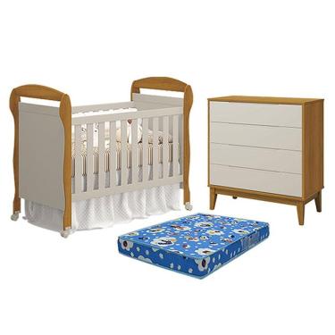 Imagem de Berço Americano Danny Com Colchão Ortobom E Cômoda Gaveteiro Elfe Classic Areia Savana Acetinado Amadeirado - Reller