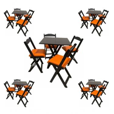 Imagem de Kit 5 Conjuntos Dobráveis 70x70 Preto Com Estofado Laranja 5 Mesas 20 Cadeiras