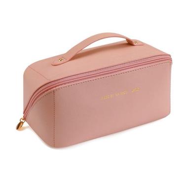 Imagem de Bolsa Necessaire para Maquiagem OEM Super Espaçosa em Couro PU Grande Rosa Feminina para Viagem