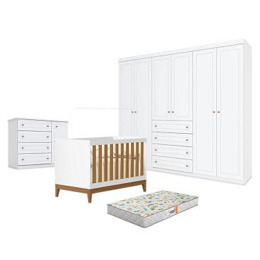 Imagem de Quarto De Bebê Americano 6 Portas Com Berço Americano Flip Branco Acetinado Savana Reller E Colchão Gazin - Henn