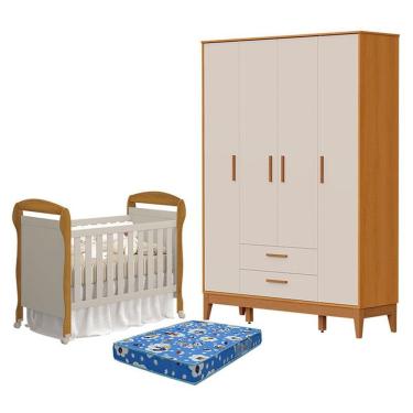 Imagem de Berço Americano Danny Com Colchão Tend Tudo E Guarda Roupa 4 Portas Flip Areia Savana Acetinado - Reller