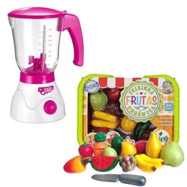 Imagem de Liquidificador Brinquedo Infantil Cozinha Rosa + Feira Fruta - DM Toys