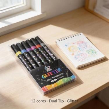 Imagem de Caneta Glitter 12 Cores Ponta Dupla Brilho Intenso Ideal Par - DAKE