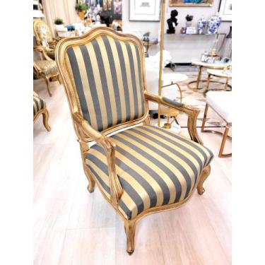 Imagem de Poltrona Luiz Xv Pernas Cabriolé Folha Ouro Tecido Listrado - luxdecor