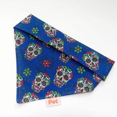 Imagem de Bandana Pet Caveira Mexicana Azul  Estilo e Conforto para Cães e Gatos
