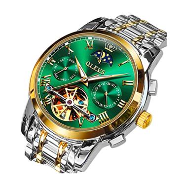 Imagem de OLEVS Relógio de pulso masculino automático, mecânico, esqueleto, fase da lua, aço inoxidável, 3AT, à prova d'água, luminoso, Verde, Mecânico, corda automática
