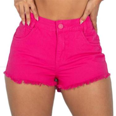 Imagem de Short Jeans Curto Pink Liso Barra Desfiada Cintura Alta - Javali