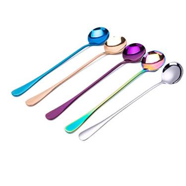 Imagem de Colher de chá de alça comprida, colheres de chá geladas de aço inoxidável multicoloridas para misturar sorvete colher de café milkshake sobremesa colher de coquetel conjunto de 5 colheres