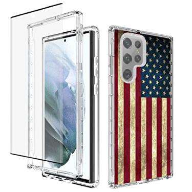 Imagem de Tothedu Capa de telefone para Galaxy S22 Ultra 5G SM-S908U capa com protetor de tela de vidro temperado, bonito padrão de bandeira transparente capas protetoras de corpo inteiro para Samsung Galaxy S22 Ultra 5G (bandeira dos EUA)
