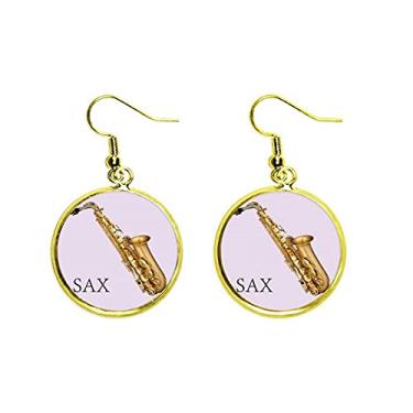 Imagem de Brinco de orelha de saxofone instrumento clássico de música pingente gota dourada joia mulher, metal