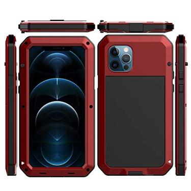 Imagem de Compatível com iPhone 12 Mini, capa de metal resistente para esportes ao ar livre, à prova de choque, à prova de poeira, capa de corpo inteiro com protetor de tela temperado de vidro embutido (vermelho)