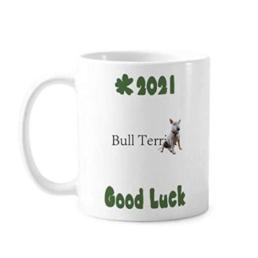 Imagem de Caneca de cerâmica bull terrier com aparência de cachorro boa sorte 2021 xícara de cerâmica café porcelana copo talheres