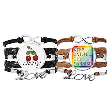 Imagem de DIYthinker Pulseira LGBT com bandeira de arco-íris Get Married pulseira de mão corda de couro cereja conjunto duplo