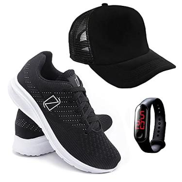 Imagem de Tenis Masculino Academia Ultra Leve + Relógio Digital + Boné - PretoBranco/43