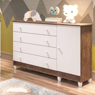 Imagem de Cômoda Infantil Bebê Taís 4 Gavetas com Porta Fraldário Branco com Bétula Carolina Baby
