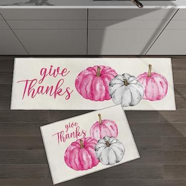 Imagem de Conjunto de 2 tapetes de cozinha de Ação de Graças Outono Branco Rosa Abóbora Dê Graças por Tapetes Acolchoados no Chão e Tapetes Antiderrapantes Absorventes Runner Conforto Tapete de Pé