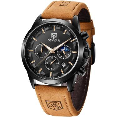Imagem de Relógio de pulso masculino, pulseira de couro, movimento de quartzo, cronógrafo analógico, impermeável