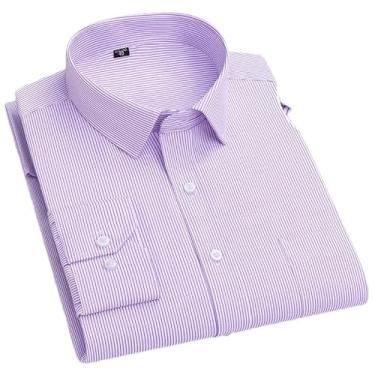 Imagem de Camisa masculina casual xadrez listrada manga longa com remendo frontal bolso no peito camisas de trabalho camisa casual camisa masculina, 65-21, PP