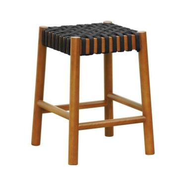 Imagem de Banco Baixo Amber Madeira Maciça - Amêndoa Trançado Corda Na Cor Preta