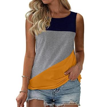 Imagem de Camiseta regata feminina casual verão color block moderno sem mangas, Azul marinho + cinza + amarelo, XXG