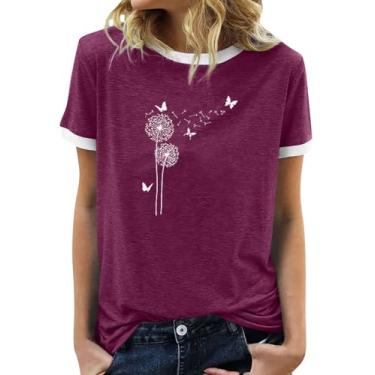 Imagem de BAOKUAN Camiseta feminina com estampa de flores de verão, casual, gola redonda, caimento solto, Roxo, vermelho, M