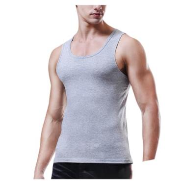 Imagem de Regata masculina cor sólida slim fit roupa íntima esportiva bainha reta emagrecedor camiseta muscular, Cinza, 3G