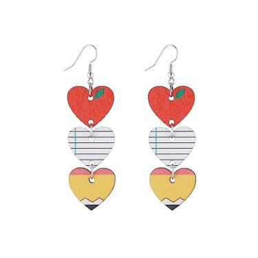 Imagem de Brincos de volta às aulas para mulheres, brincos divertidos para professores, lápis de arco-íris, brincos de coração, brincos de gota de maçã para o primeiro dia de aula, presentes de agradecimento do professor, Madeira, não