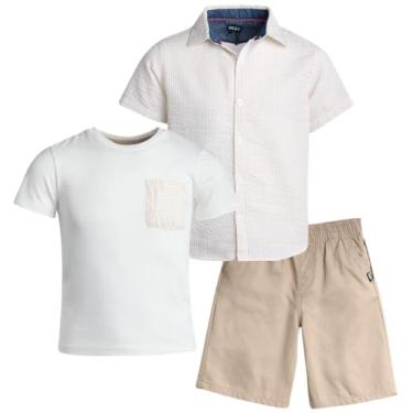 Imagem de DKNY Conjunto de calças para meninos - 3 peças de manga curta com botão, camiseta e shorts - Conjunto de roupas de verão para meninos (2-7), Poeira, 4 Anos