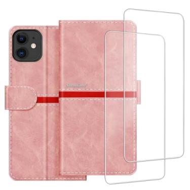 Imagem de ESACMOT Capa de celular compatível com iPhone 12 5.4 + [2 unidades] película protetora de tela de vidro, capa protetora magnética de couro premium para iPhone 12 Mini (5,4 polegadas) rosa