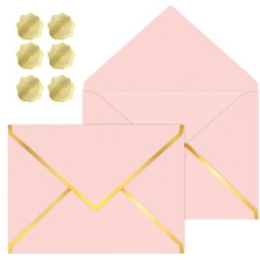Imagem de 30 envelopes A7 de 12 x 17 cm com borda de folha dourada em V para escritório, envelopes de negócios envelopes coloridos para vales-presente, dinheiro, casamento, convites, formatura, chá de bebê