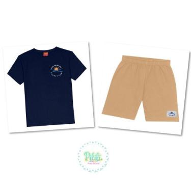 Imagem de Conjunto Infantil Kyly Camiseta Algodão Bermuda Moletom Leve Marinho/M